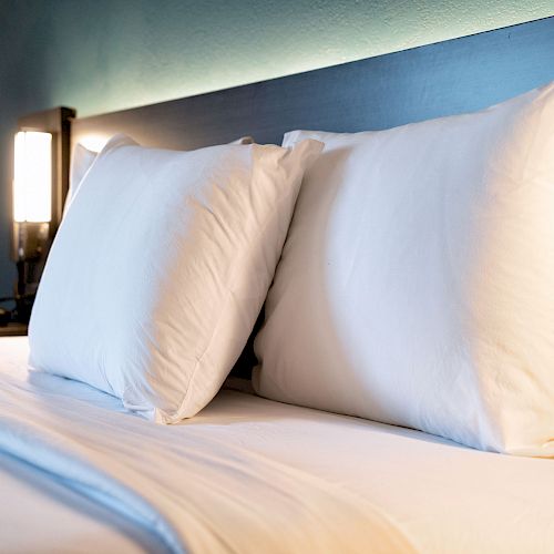 The image shows a neatly made bed with two large white pillows and a bedside lamp turned on.