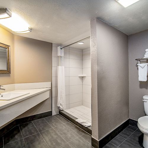 A modern bathroom featuring a sink, mirror, walk-in shower, and toilet with towels neatly arranged on a rack above the toilet.