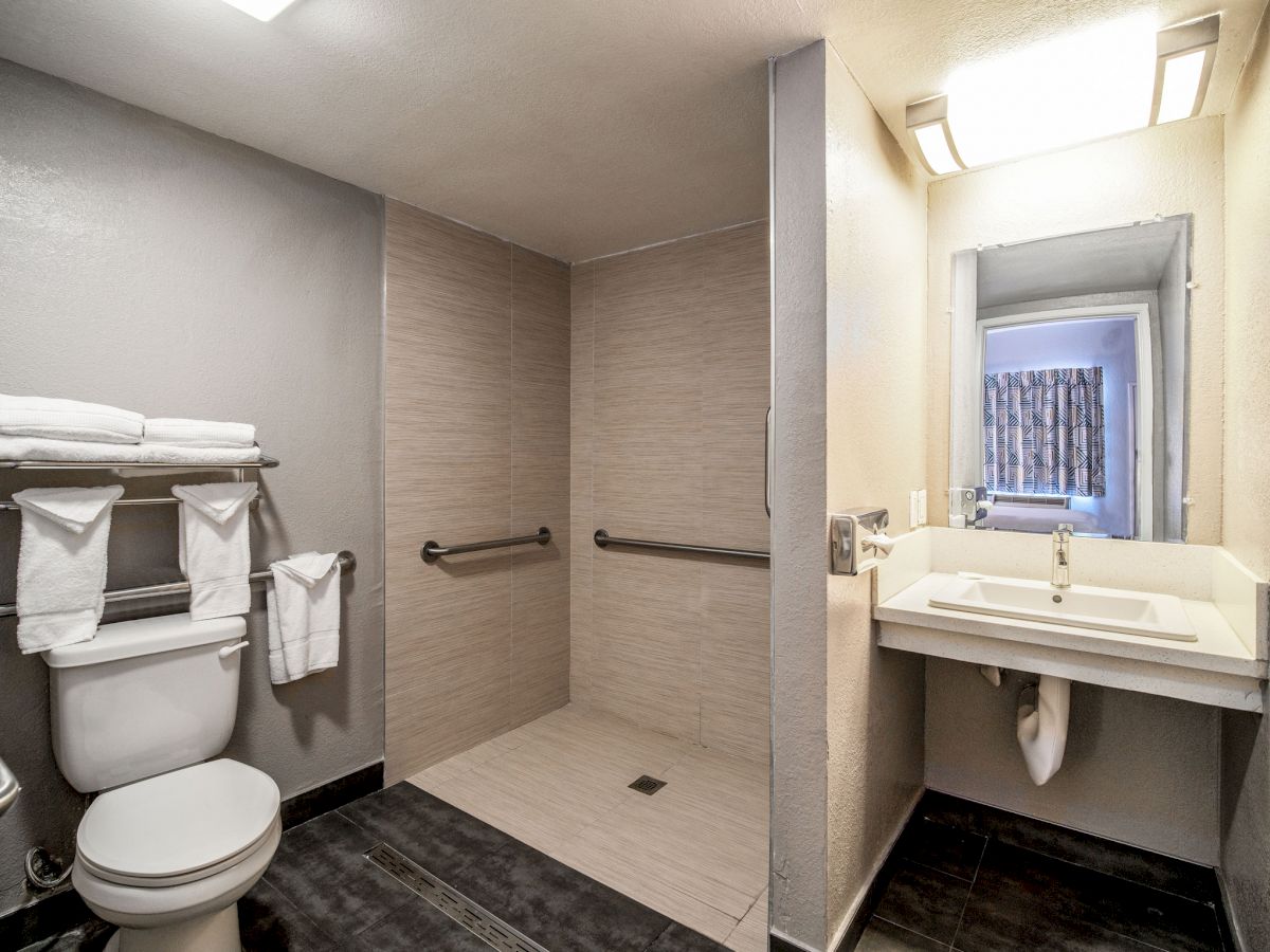 The image shows a clean, modern bathroom with a toilet, towel rack, open shower with grab bars, and a sink with a mirror above it ending the sentence.